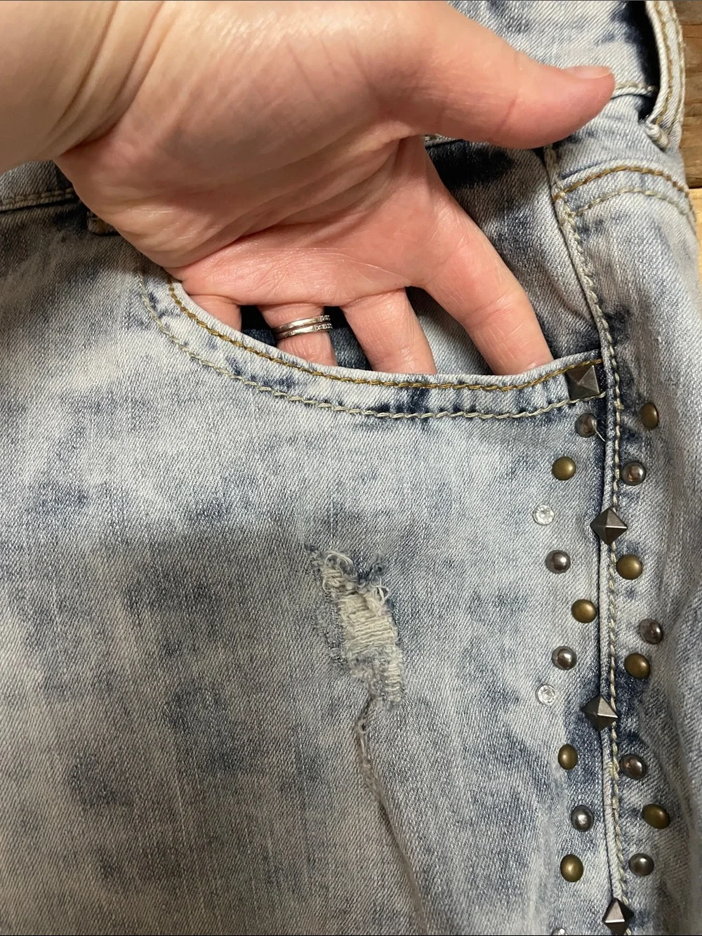 Maurices size 24 Light Blue Distressed Jean Short with Stud and Gem Detail Sides
